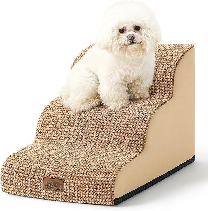 COZY KISS Dog Stairs for Small Dogs 15.7" H, Curved Dog Step for Puppy, Older Cat, Medium Pet Ramp for Sofa, Couch or Chair, Ladder with High Density Foam, 3 Step, 15.7x22.4x15.7 inch, Light Brown