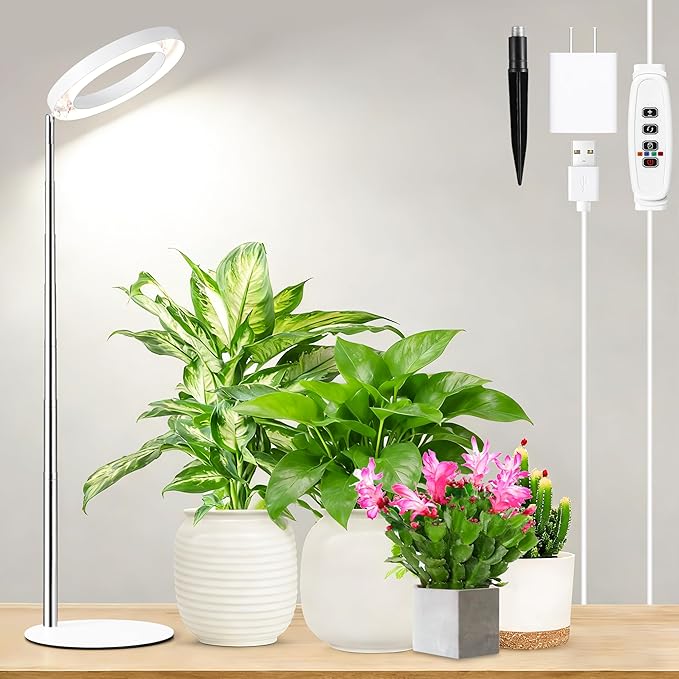 Hywyimlait 6.3" Indoor Plant Growth Lights, Full Spectrum Plant Growing Lights, 8.2"-37.4" Height Adjustable Desk Grow Lamp with Base and Ground Stake, Auto Timer 4/8/12/18H, 3 Light Modes, 10 Dimming
