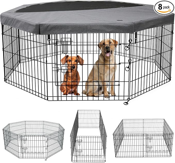 PETIME Foldable Metal Dog Exercise Pen/Pet Puppy Playpen Kennels Yard Fence Indoor/Outdoor 8 Panel 24" W x 30" H with Top Cover (with top Cover, 8 Panels 30" H)