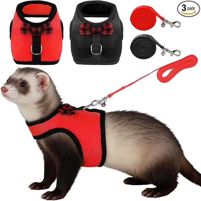 Rypet Small Animal Harness and Leash - Soft Mesh Pet Harness with Safe Bell, No Pull Comfort Padded Vest for Small Pet Black + red S