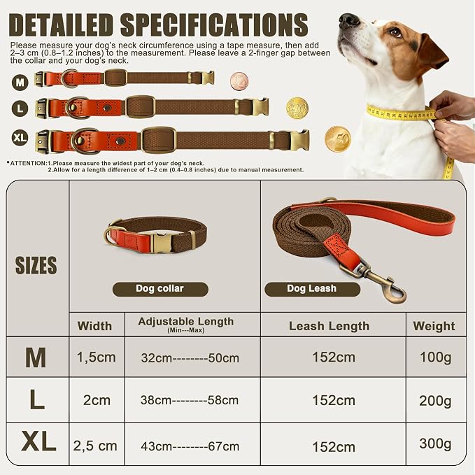 Nylon Dog Leash and Collar Set with Metal Quick Release Buckle, Adjustable, Durable High-Density Fabric, Breathable, Soft and Comfortable, No Pull for Walking and Training, Brown, M (12.5"-19.6")