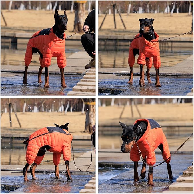 Lovelonglong Dog Coat Dog Warm Jacket, 4 Legs Covered Waterproof Windproof Reflective Warm Dog Vest, Zippered Adjustable Outdoor Dog Snow Jacket for Small Medium Large Dogs Orange L