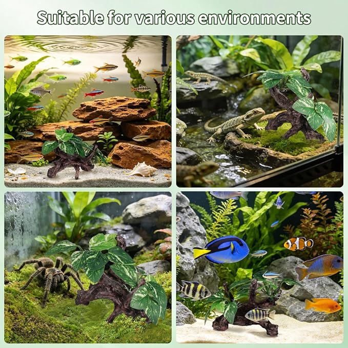 Veemoon Aquarium Driftwood Resin Decor with Cloth Leaf Plants and Driftwood Cave Realistic Fish Tank Landscape Ornament for Freshwater and Saltwater Aquatic Pets 6.69 X 4.33 X 3.93 Inch