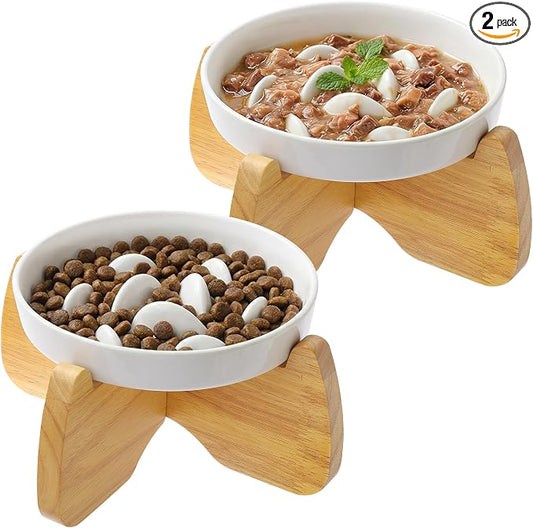 Raised Slow Feeder Cat Bowl with Stand, 6.3'' Wide Ceramic Elevated Shallow Slow Eating Cat Bowl for Dry/Wet Food, Anti-Vomiting Pet Puzzle Feeder, Whisker Friendly, Dishwasher Safe (2 Pack) | Anti-Gulping & Keep Fit, Dishwasher Safe, For Dry and Wet F...
