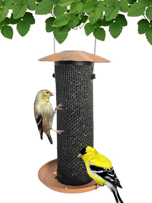 Songbird Essentials Gold Finch Feeder for Outdoor Hanging - Petite Nyjer Thistle Seed Feeder - All Metal - for Finches and Buntings for Outdoor Garden - Brushed Copper