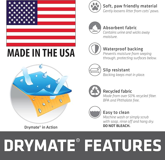 Drymate Cat Litter Box Mat, Litter Trapping Mat, Waterproof, Urine-Proof, Absorbent, Machine Washable, Soft on Paws, Contains Mess, Protects Floors, Kitten Supplies, Multicolor, 20x28