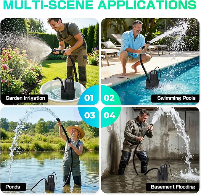 D-HONOR Submersible 1/6 HP 1370GPH, Sump Pump Submersible for Clean Water | Electric Utility Pump with 1" Water outlet and 3/4" Garden Hose Adaptor for Swimming Pool Garden Pond Draining