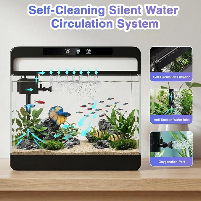 3 Gallon Fish Tank Starter Kit, Small Aquarium for Betta, Black | 3-in-1 Silent Water Filter with Filtration Circulation Oxygenation Temperature Display 7 Colors LED Lights, Artificial Plant