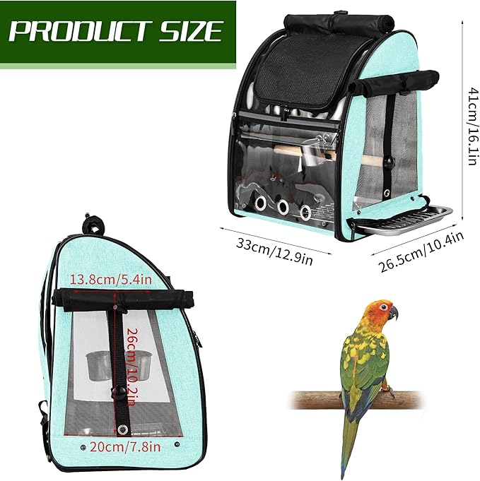 Bird Carrier Bag with Indestructible Stainless Steel Mesh, Bird Travel Cage with Stand, Easy to Clean Backpack for Parrot, Portable Bird Travel Bag, Green