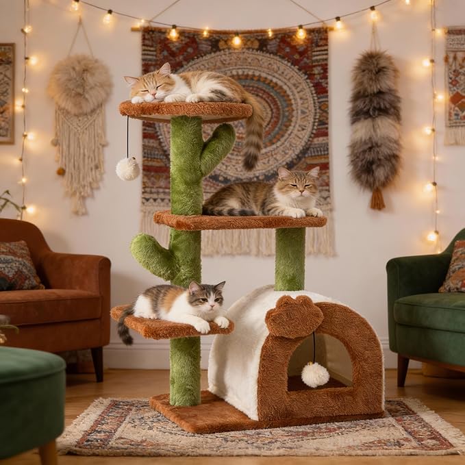 Cactus Cat Tree for Indoor Cats with Cozy Condo Wide Top Perch 27.5", Multi-Level Cat Tower with Climbing and Lounging Space Plush, Toy Ball, Brown