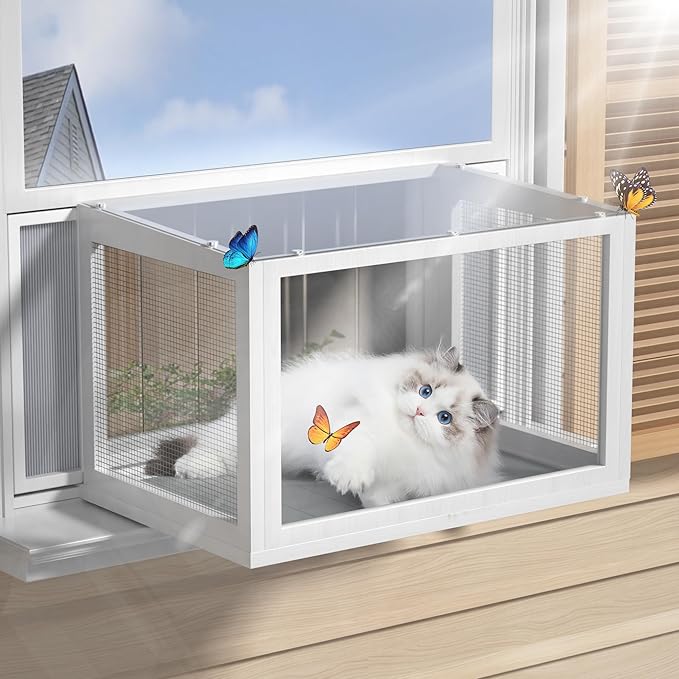 Cat Window Box Catio, Outdoor Indoor Cat Enclosure with Clear Panels, Mesh Sides & PVC Curtain, Universal Window Perch for Windows 25"–43", Window Catio for Sunbathing, Napping & Overlooking,Grey