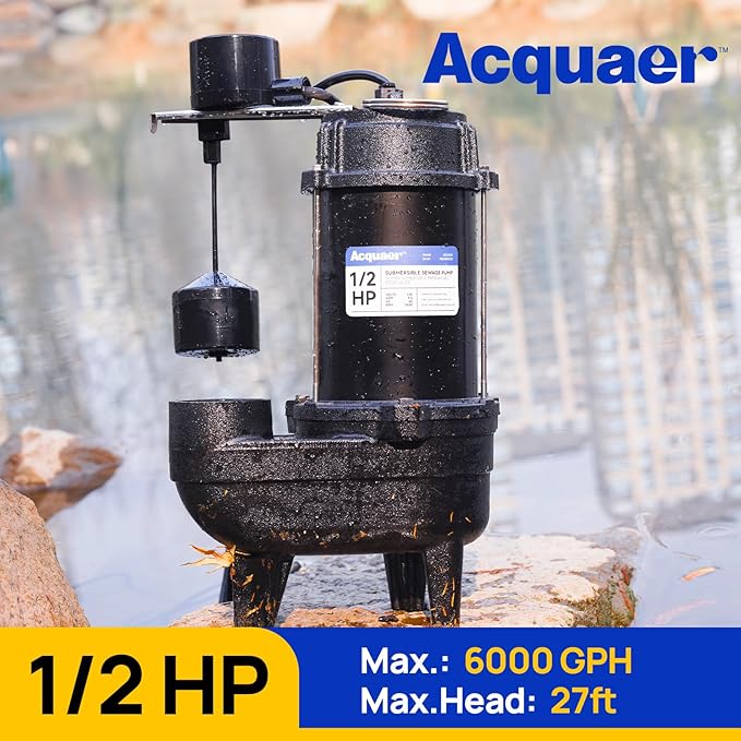 Acquaer Sewage Pump, Cast Iron, Automatic Tethered Float Switch, Sewage Effluent Pump for Sump Basin, Basement, Residential Sewage, 2'' NPT Discharge, Deep Black
