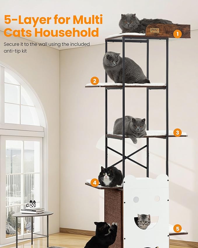 Wood Cat Tree Tower, 84 Inch Modern Extra Tall Cat Condo Trees for Indoor Cats Large Adult, XL Multi-Level Heavy Duty Wooden Sturdy Cat House Furniture with Platform Perch Bed Scratching Post