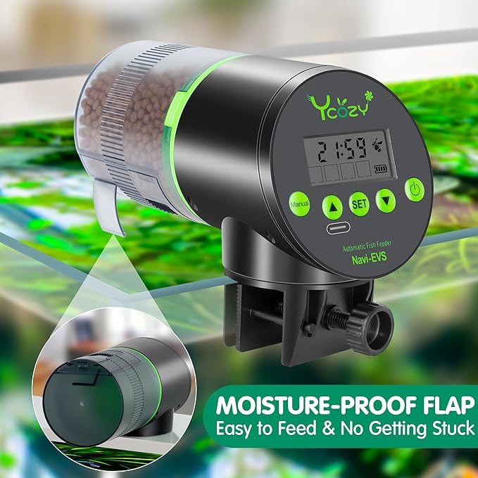 Ycozy Automatic Fish Feeder Rechargeable with USB Cable Moisture-Proof Intelligent Electric Fish/Turtle Feeder for Aquarium & Fish Tank (Plug Powered-EVS)