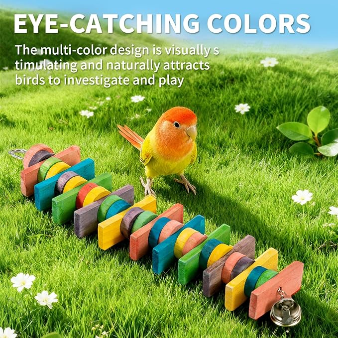 2 PCS 14.37" Multicolored Bird Toys - Stress Relief Chew Parrot Toys, Natural Wooden Blocks, Hanging Bird Cage Accessories, for Parakeets, Cockatiels, Conures, Budgies, Lovebirds
