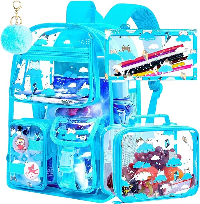 CCJPX 3Pcs Clear Backpack for Girls, School Transparent Bookbag, Heavy Duty See Through Backpacks for Teens Elementary