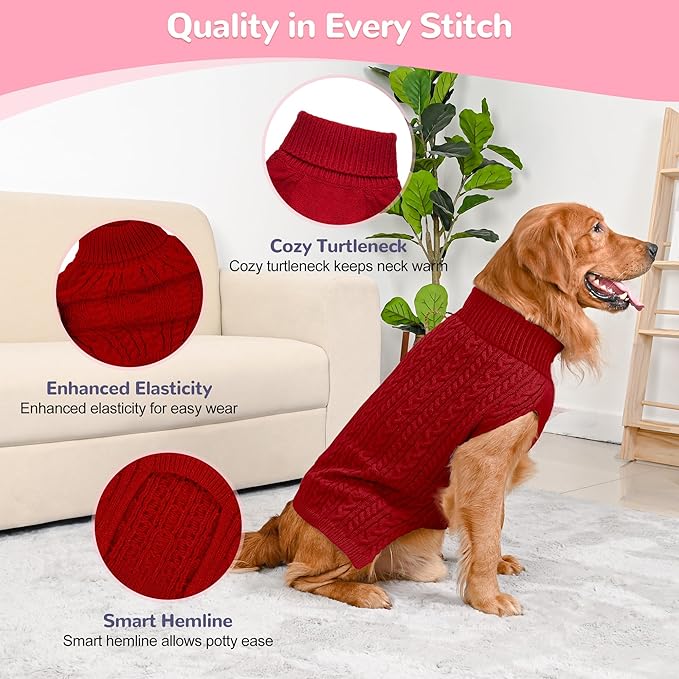 2 Pack Dog Sweaters for Large Dogs Winter Turtleneck Pullover Cable Knit Fleece Stretch Pitbull Labrador Golden Retriever Doberman Bulldog Boy Girl Pet Clothes (XL, Pink & Red)