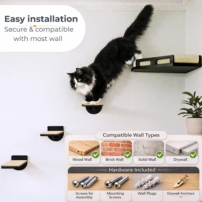 Cat Wall Shelves for Cats & Kitten up to 25 lb – Solid Wood Cozy Corner Bed + Cushion with 2 Washable Covers + 3 Wooden Steps, Safe Haven for Indoor Cats, Cat Shelves for Wall, Black