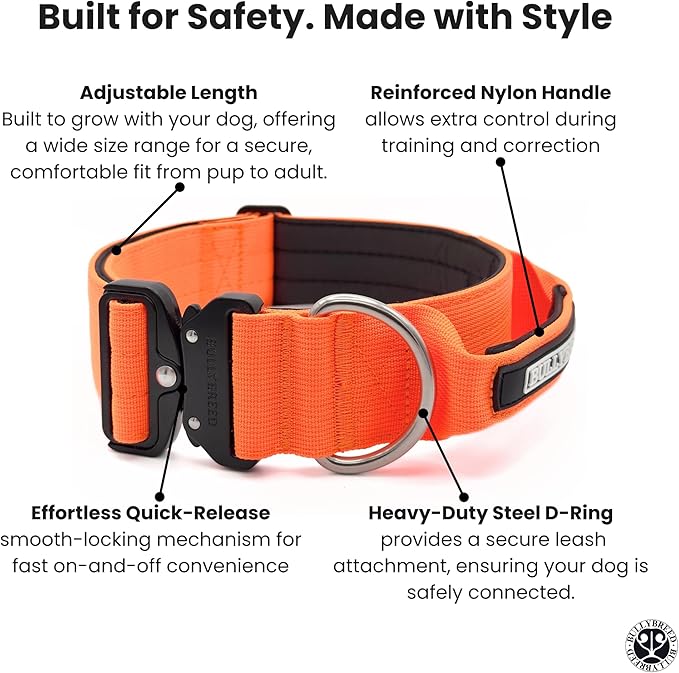 Heavy Duty Dog Collar, Tactical Dog Collar, Dog Collar for Large Dogs, Waterproof Dog Collar, Dog Training Collar, Quick-Release Metal Buckle, Adjustable Sizes – BULLYBREED (Orange, Large)