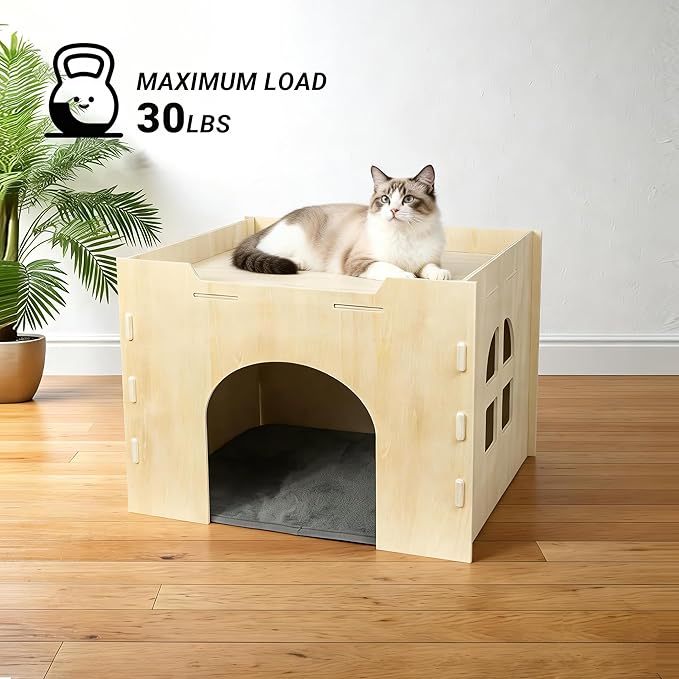 Bifeaw Guinea Pig Hideout, Natural Wooden Chew Proof Hideaway Hut for Small Pets (Cat)