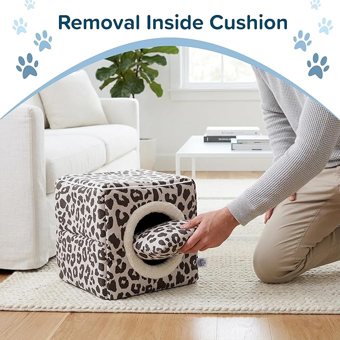 Cat House - Indoor Bed with Removable Foam Cushion - Cat Cave for Puppies, Rabbits, Guinea Pigs, and Other Small Animals by PETMAKER (Animal Print)