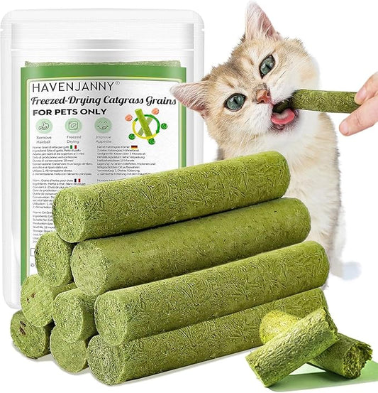 50g Cat Grass Teething Stick, Freezed Drying Cat Grass Sticks Snacks for Cats, Edible Cat Treats for Teeth Cleaning and Hairball Removal