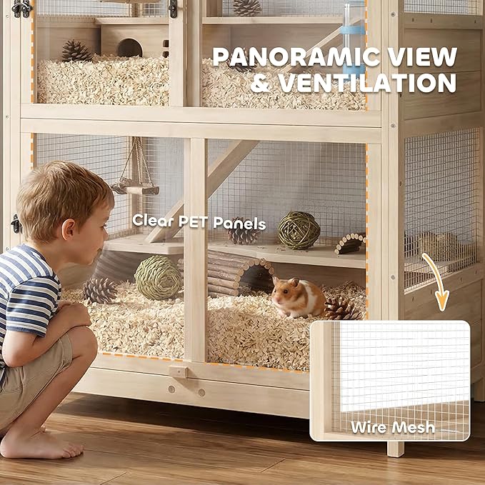 PawHut Wooden Hamster Cage, 4 Tier Small Animal Cage with Mesh Flip Roof, Pull-Out Tray, Huts, Seesaws, Ramps and Water Bottles, Hamster Habitat for Dwarf Syrian Mice Gerbil, 33" x 21" x 36"