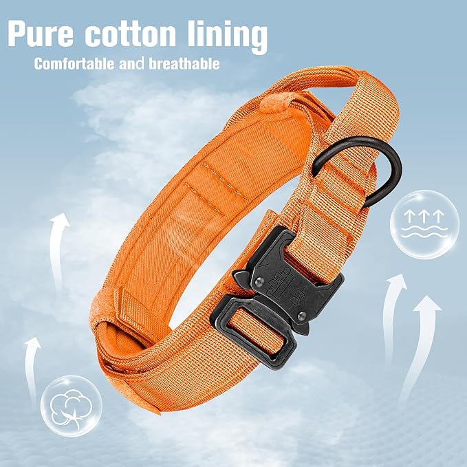 HYDEME Tactical Dog Collar Adjustable Nylon Collar with Control Handle and Heavy Metal Buckle for Medium and Large Dogs, with Patches&Airtags Case&Poop Bag Dispenser&Portable Bowl. (L, Orange)