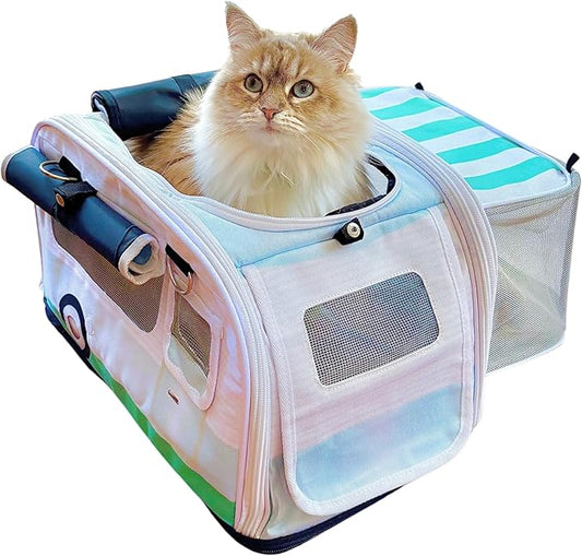 Kittyrama Soft-Sided Airline Approved Cat Carrier with Expandable Hideaway | Escape-Proof SBS Self-Locking Zippers | 22 lb Capacity | Vet Approved | Top & Side Entry | 17×11×11 in