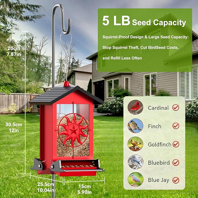 Squirrel Proof Bird Feeders for Outdoors with Weight-Activated, 5LB Large Metal Wild Bird Feeders for Cardinals,Blue Jay,Finch, Weatherproof Durable Hanging Bird Feeder for Backyard,Garden (Red)