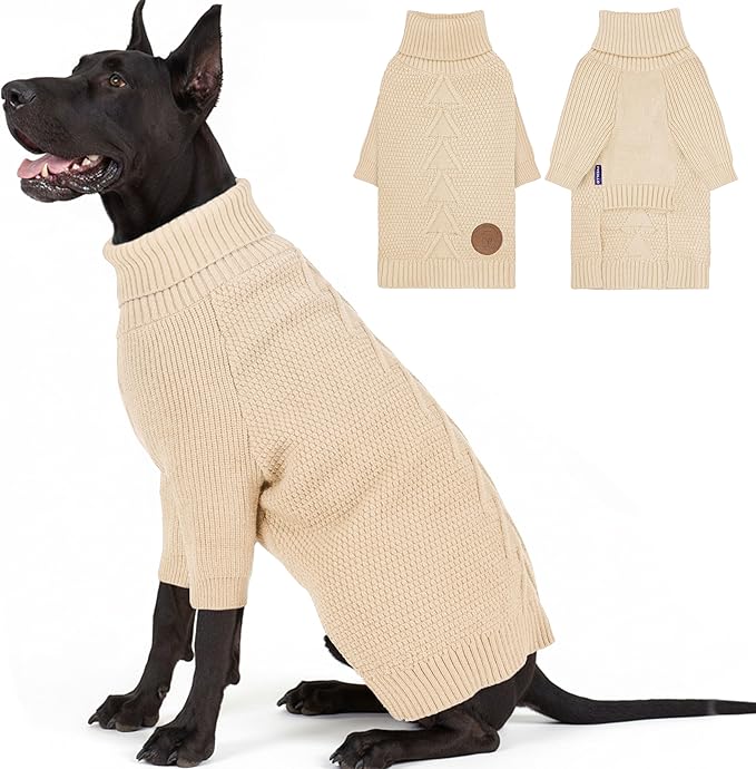 cyeollo 4XL Dog Sweater,Pullover Turtleneck for Giant Dogs Classic Knitwear Fall Winter Cold Weather Dog Clothes Warm Pet Apparel Large Big Dogs Sweaters Male&Female, Beige XXXXL