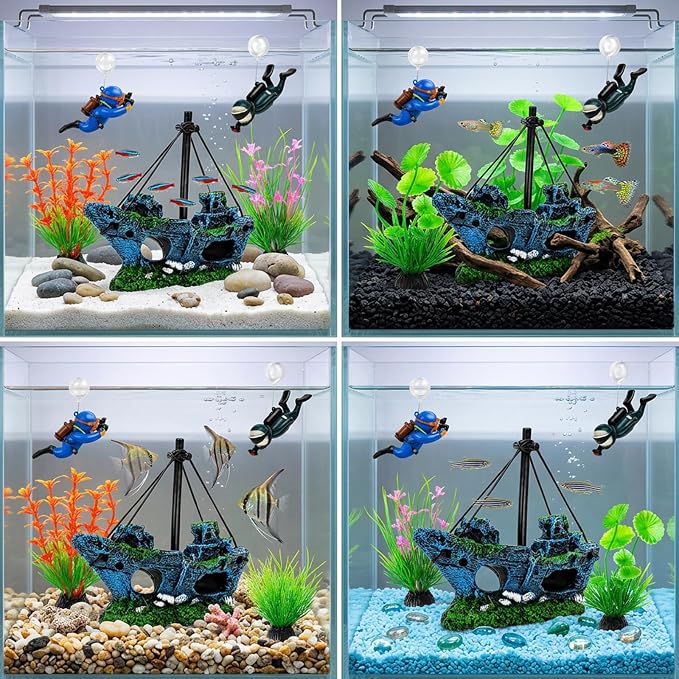 7 Pcs Aquarium Decor Set, Shipwreck Decoration Little Diver Floating Fish Tank Decoration Fish Tank Plants for Small Tank Driftwood Betta, Guppy & Shrimp