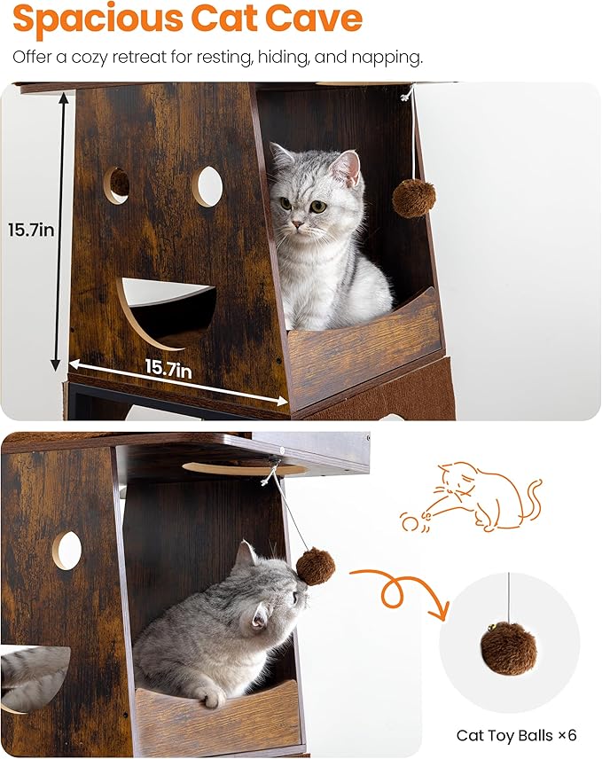 Modern Wood Cat Tree for Indoor Cats, 56 Inch Tall Cat Tower with Hammock, Multi-Level Trees with Perch Bed, 2 Hammock, Cat Condo, Scratching Board, Removable Pad, Cat Furniture, Rustic Brown
