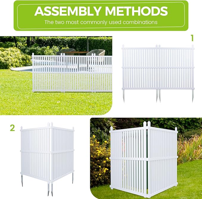 48 "H x 48 "W Privacy Fence Panels Screen Outside, Air Conditioner Fence Outdoor Garbage Trash Can Enclosure, 2 White Vinyl Panels Kit with Metal Stake, White, Vertical, X-SPVC-4848