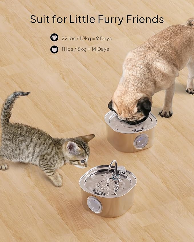 PEKTACO Stainless Steel Cat Water Fountain, 3.2L/108oz Cat Water Dispenser with Quiet Water Pump, Dishwasher Safe Pet Drinking Fountain for Cats with 3 Filters + 3 Sponges