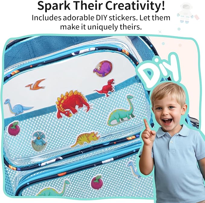 Clear Backpack for Boys, 15 Inch Heavy Duty Transparent Bookbag for Kindergarten to 2nd Grade, PVC See Through Daypack with Reflective Straps, Fits Standard Folders, Blue Space Astronauts