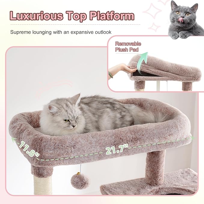Heybly Cat Tree, 76-Inch Tall Heavy Duty Cat Tower for Big Cats with Extra Wide Baseboard, Multi-Level Large Cat Furniture with 2 Condos & 2 Hammocks, 10 Scratching Posts, Muchroom HCT039MU