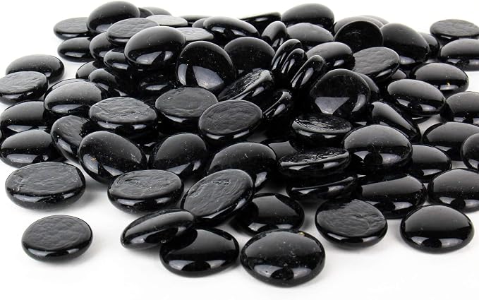 CYS EXCEL X-Large 1.1"-1.35" Black Glass Flat Gemstone Vase Fillers (1 LB) Multiple Color Choices Marble Beads Aquarium Rocks Floral Supplies Stones Decorative Mosaic Gem Pebbles (Approx. 28-35 PCS)