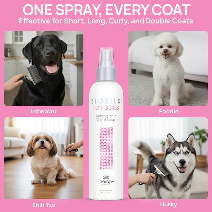 BioSilk for Dogs Silk Therapy Detangling and Shine Protecting Spray, pH Balanced Leave-in Mist with Silk and Vitamins for Dematting, Paraben-Free, All Coats and Breeds, 8 Fl Oz - 2 Pack