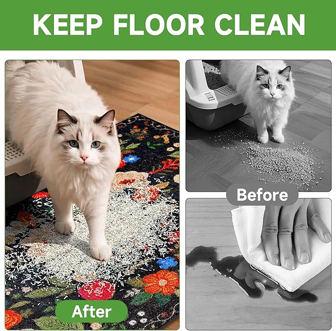 Cat Litter Mat, 24" x 16" Litter Box mat, Traps 100% Litter, Non-Slip Kitty Litter Trapping mats, Small Cute Litter mat, Easy Clean for Scatter Control, Bohe cat Food mat, Urine Waterproof
