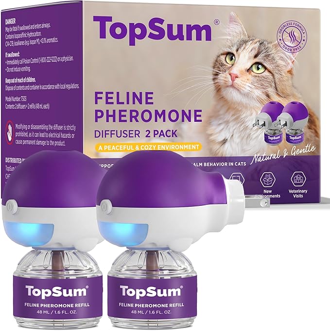 TopSum Cat Calming Pheromone Diffuser: Feline Pheromones Plug in for Stress, Along At Home, Spraying, Fighting, Scratching, Aggression & Excessive Meowing (Purple– 2 Diffusers+2 Refills)