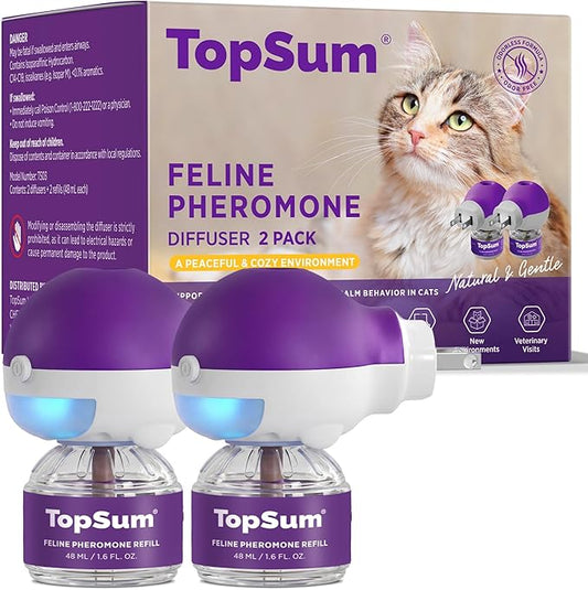 TopSum Cat Calming Pheromone Diffuser: Feline Pheromones Plug in for Stress, Along At Home, Spraying, Fighting, Scratching, Aggression & Excessive Meowing (Purple– 2 Diffusers+2 Refills)