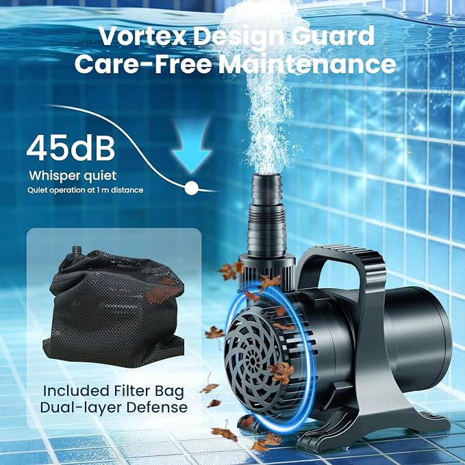 100W 1600 GPH Pond Pump, Ultra Quiet Heavy Duty Submersible Water Pump for Koi Ponds, Fountains, Aquariums & Waterfalls, Submersible & Inline Use, 20.3 ft Power Cord, Includes Filter Bag