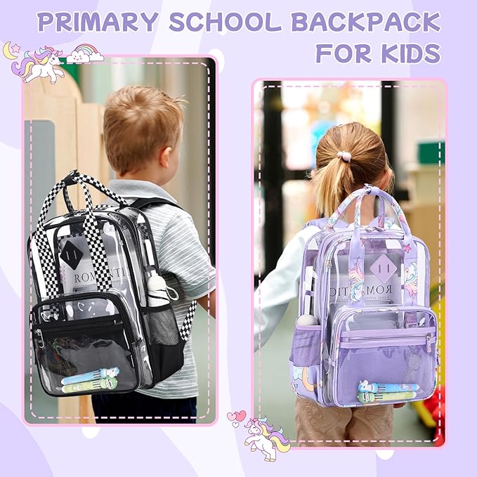 MOONBABY Small Clear Backpack for School Transparent Bookbag for Kids Heavy Duty PVC See Through Backpack Stadium Approved