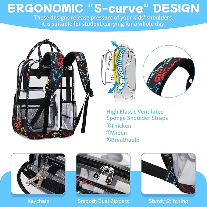 MOONBABY Small Clear Backpack for School Transparent Bookbag for Kids Heavy Duty PVC See Through Backpack Stadium Approved