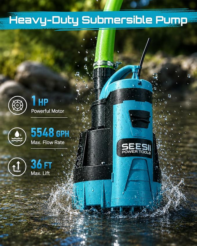 SEESII 1HP Automatic Submersible Water Pump - 5548 GPH High Flow | Auto/Manual Modes, Sump Pump with Dry Run Protection for Fast Water Removal from Pools, Hot Tubs, Basements, Ponds and Yards
