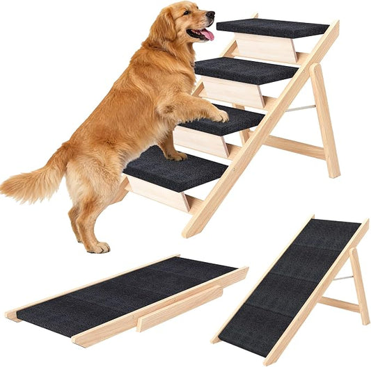 Dog Stairs/Ramp for Bed, Wooden 2-in-1 Foldable Pet Stairs & Ramp, Portable Dog Ladder Up to 180 Pound for Elderly/Short-Legged Dogs, 4 Steps for Beds, Couch