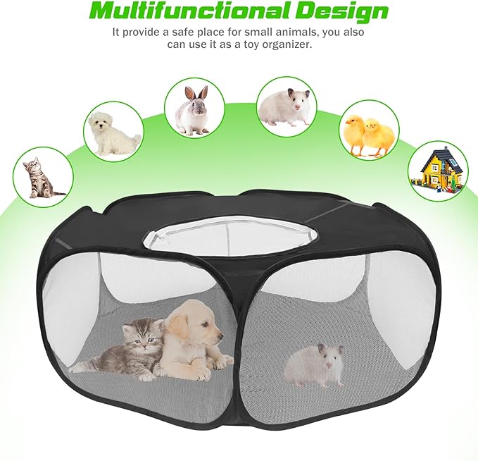 Small Animal Playpens with Top Cover, Foldable Breathable Small Pets Cage Tent Outdoor Indoor Portable Play Pen for Guinea Pig Hedgehog Hamster Cat Rabbit Bunny Puppy Ferret Rat Chicks (Black)