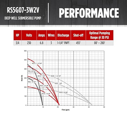 Red Lion RS5G07-3W2V Submersible Well Pump, 3/4 HP, 3-Wire, 230V, 5 GPM | Fits 4" wells, Dependable performance for depths to 320', Steel case/ steel discharge, Control Box Sold Separately, 14942374