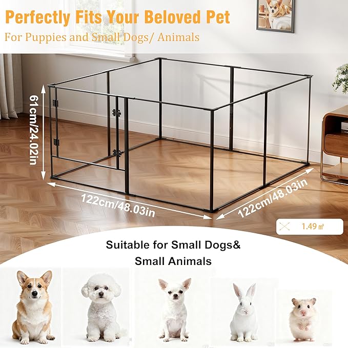 Acrylic Dog playpen Indoor: Clear Puppy Pen for Small Medium Dogs Cats with Metal Frame - 8panels 24inch Tall Transparent pet Fence with Door for Rabbits Guinea Pig